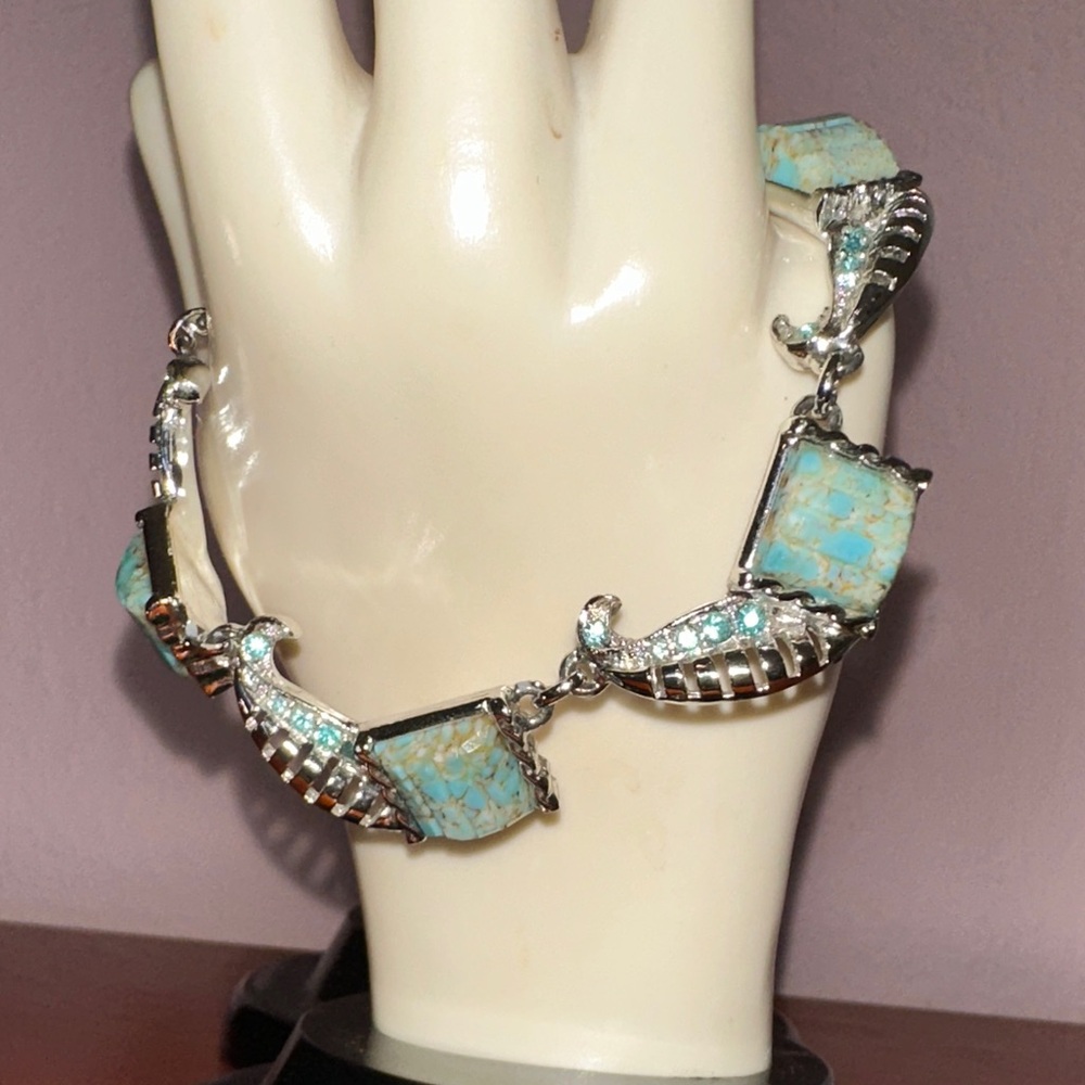 Vintage Shiny Silver‎ & Turquoise Look Thermoset Bracelet/Rhinestone Accents